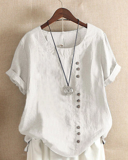 Women's Casual Button Detail Blouse with Rolled Short Sleeves