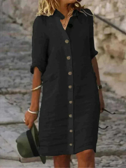Women's Button-Front Shirt Dress with Collar and Rolled Long Sleeves
