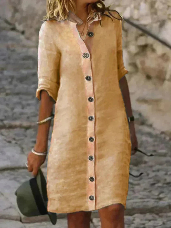 Women's Button-Front Shirt Dress with Collar and Rolled Long Sleeves