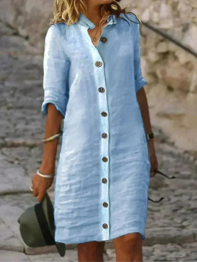 Women's Button-Front Shirt Dress with Collar and Rolled Long Sleeves