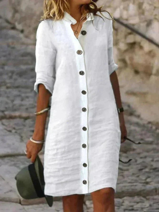 Women's Button-Front Shirt Dress with Collar and Rolled Long Sleeves