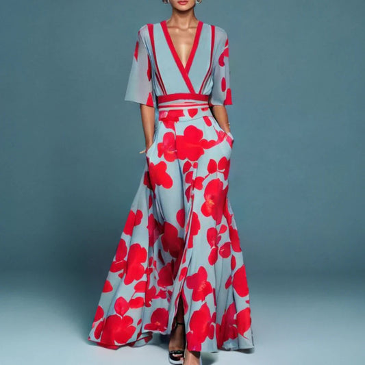 Women's Bold Floral Wrap Maxi Dress with Side Pockets