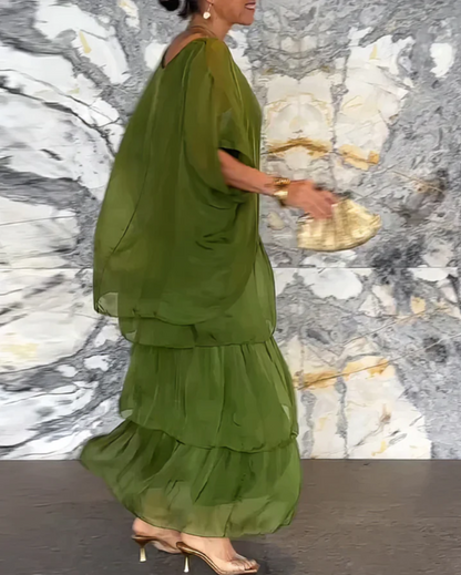 Women’s Boho Layered Maxi Dress Set Flowy Batwing Top & Tiered Skirt Outfit