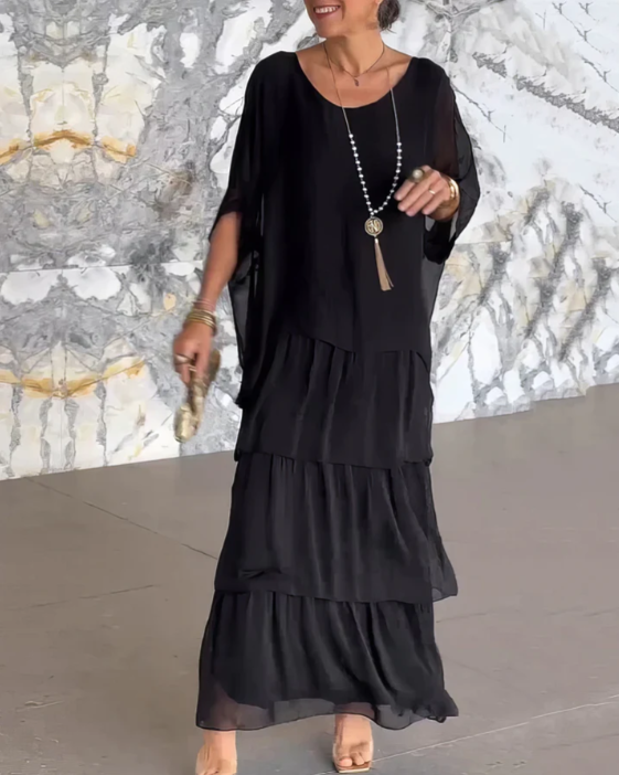Women’s Boho Layered Maxi Dress Set Flowy Batwing Top & Tiered Skirt Outfit