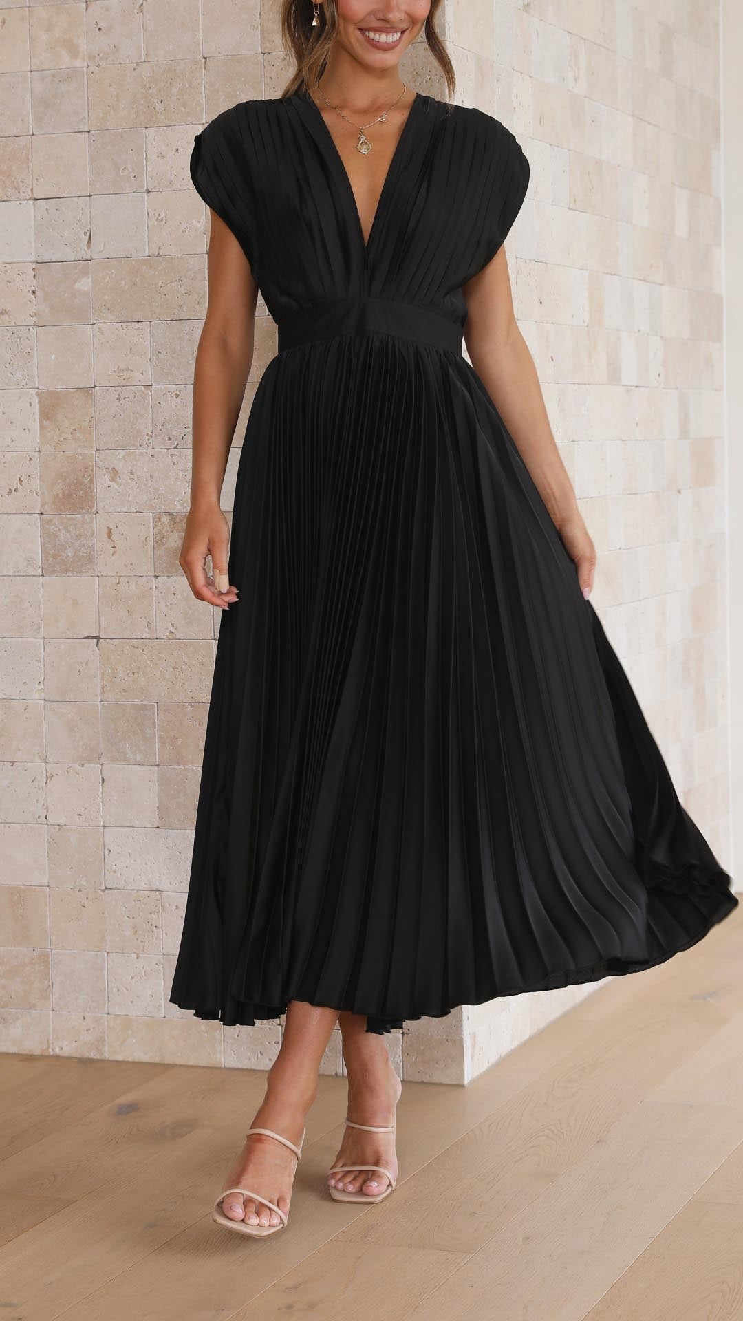 Elegant V-Neck Pleated Midi Dress for Women
