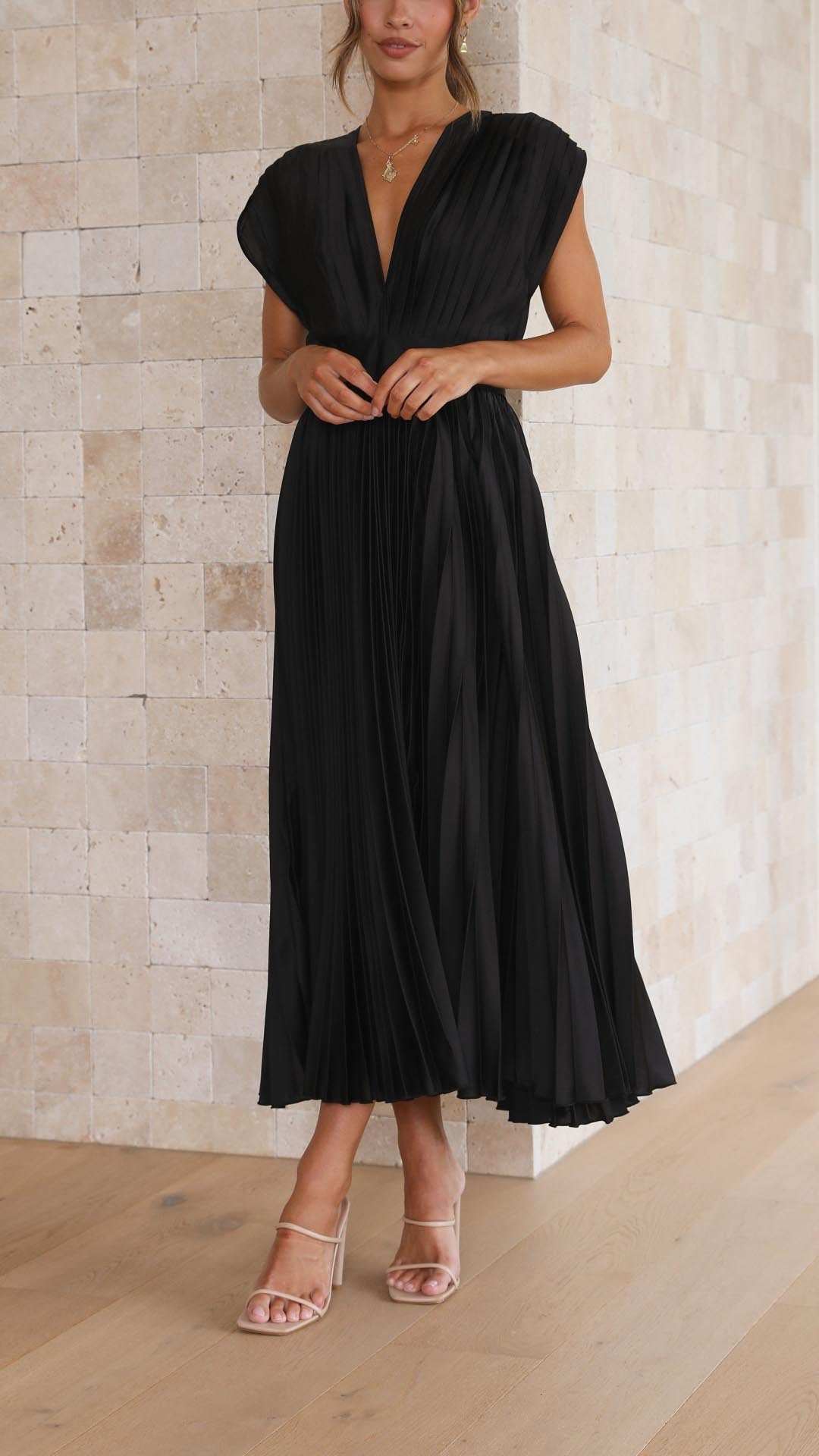 Elegant V-Neck Pleated Midi Dress for Women