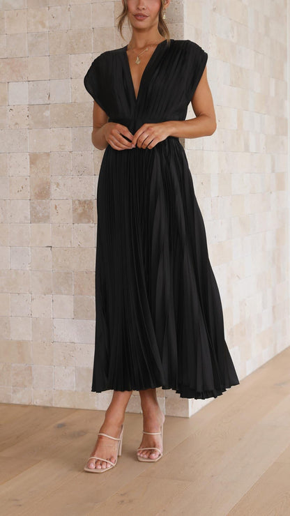 Elegant V-Neck Pleated Midi Dress for Women