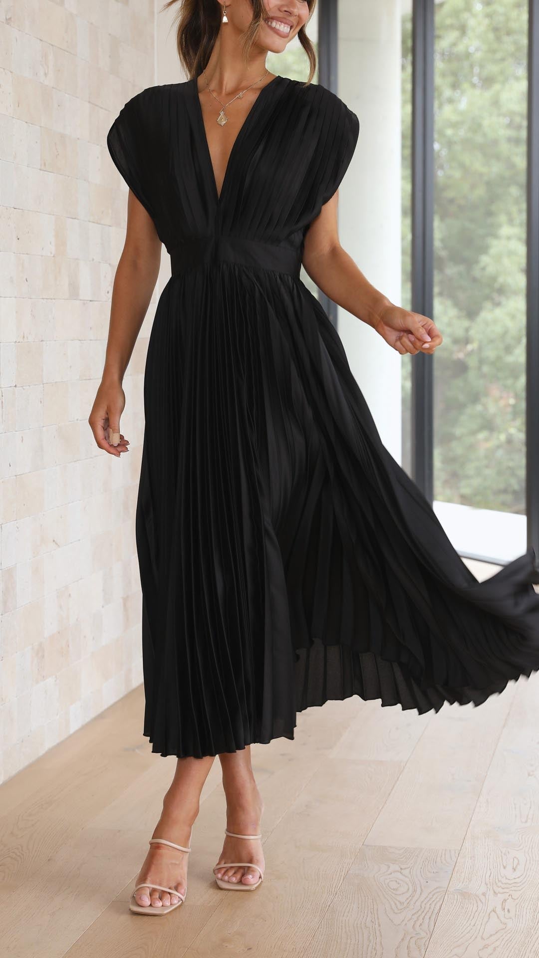 Elegant V-Neck Pleated Midi Dress for Women