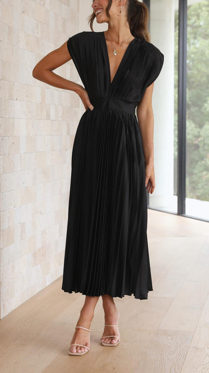 Elegant V-Neck Pleated Midi Dress for Women