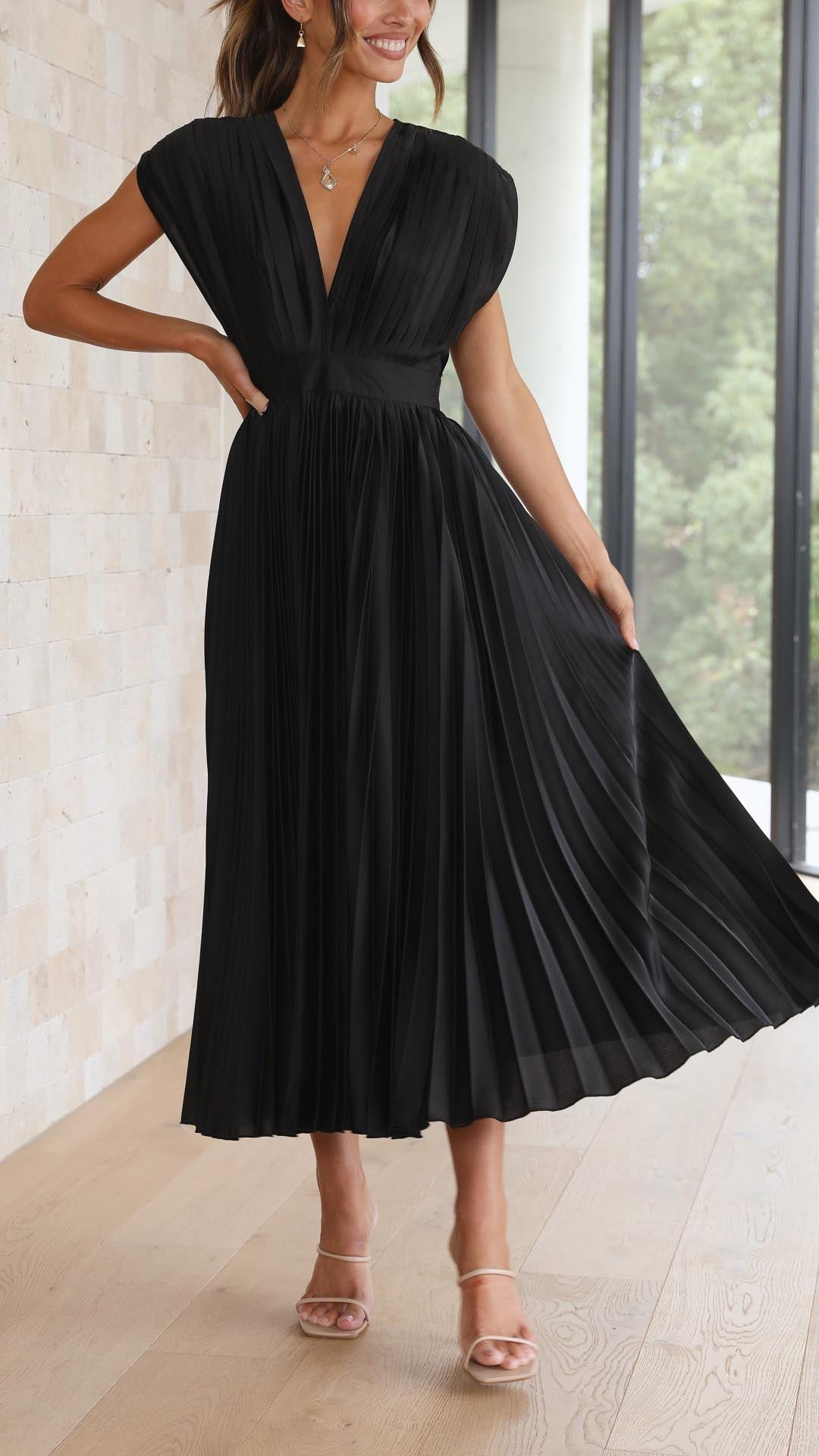 Elegant V-Neck Pleated Midi Dress for Women