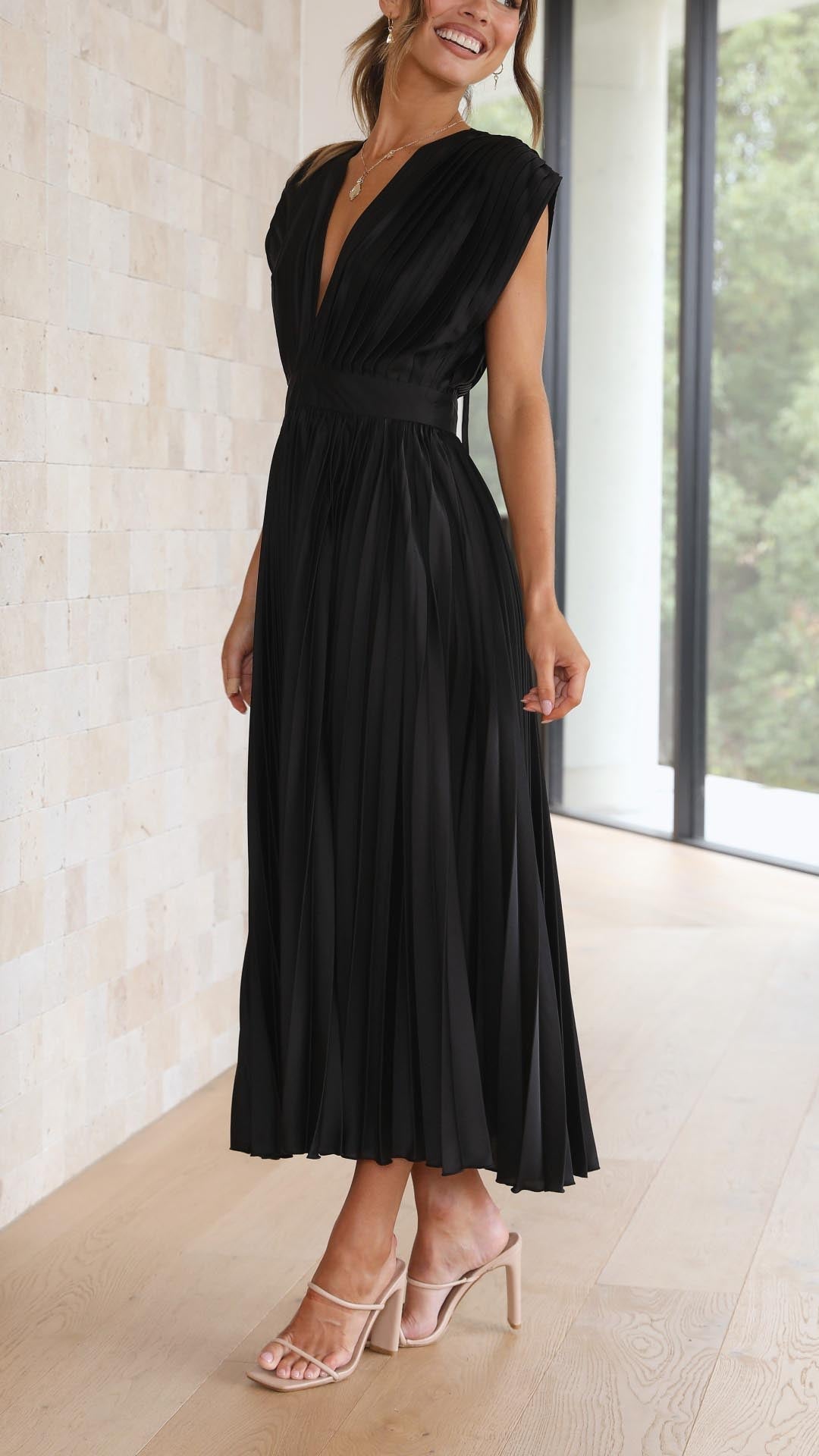 Elegant V-Neck Pleated Midi Dress for Women