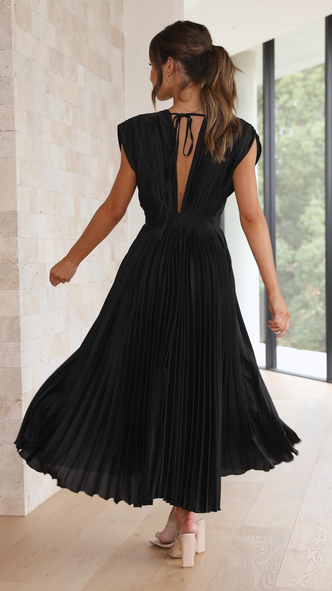 Elegant V-Neck Pleated Midi Dress for Women