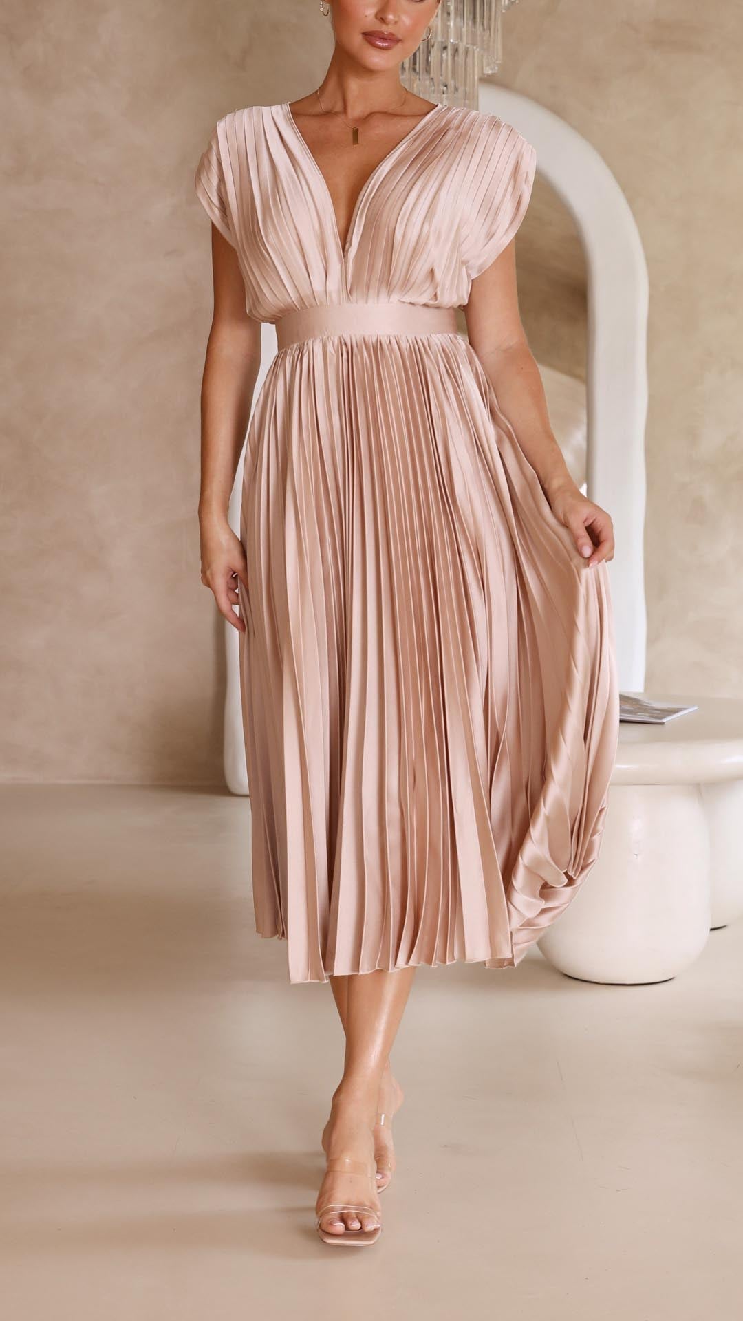 Elegant V-Neck Pleated Midi Dress for Women