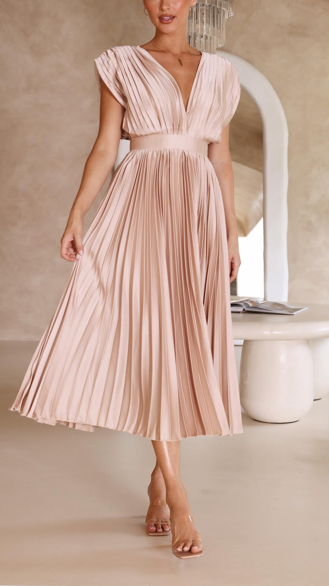 Elegant V-Neck Pleated Midi Dress for Women