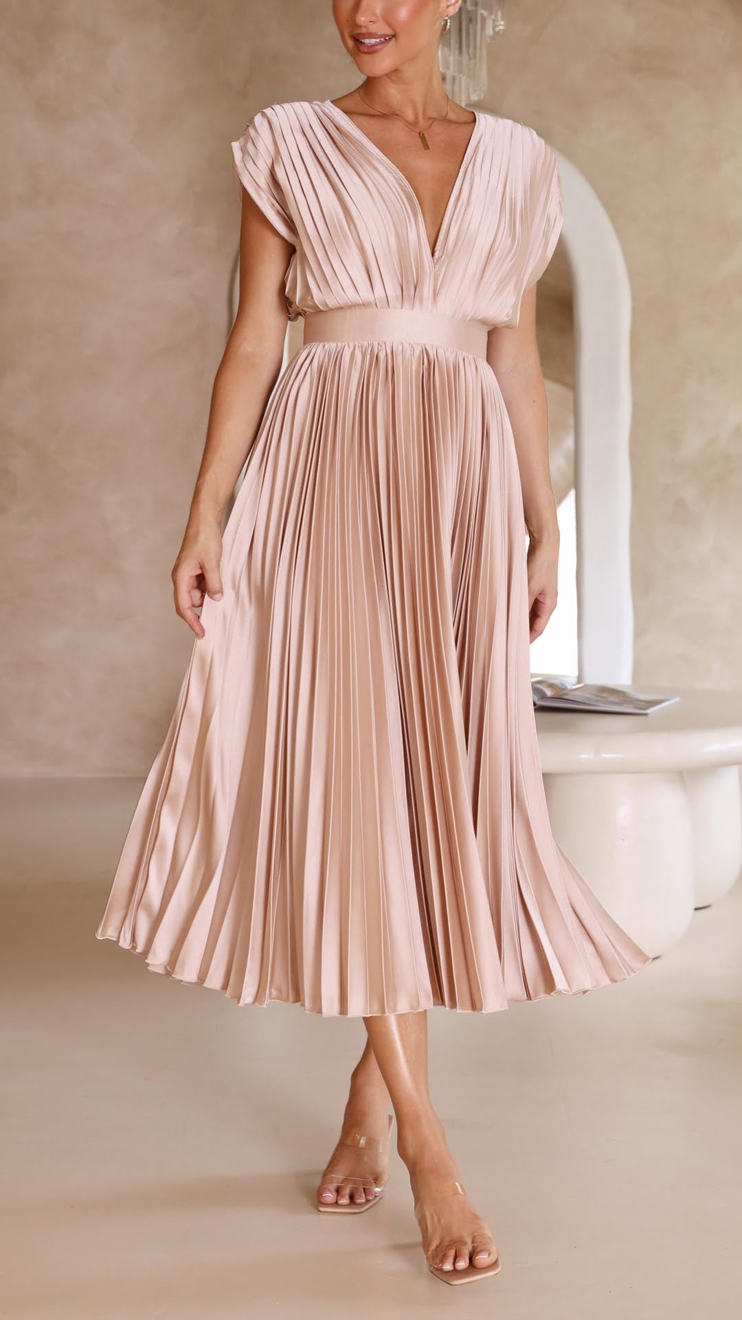 Elegant V-Neck Pleated Midi Dress for Women