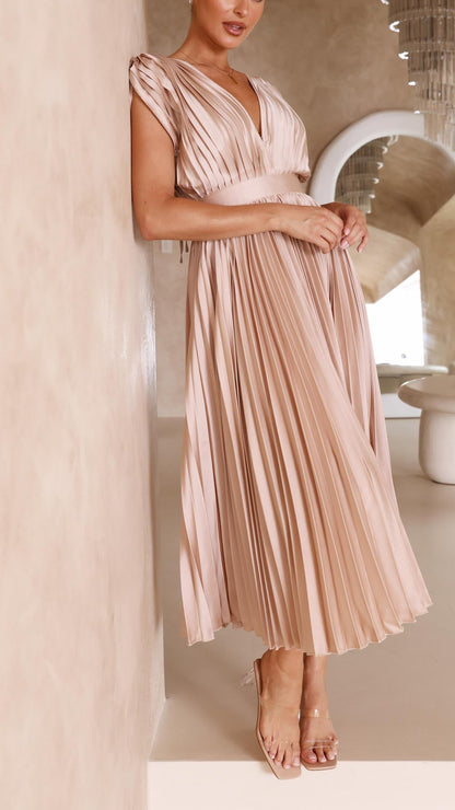 Elegant V-Neck Pleated Midi Dress for Women