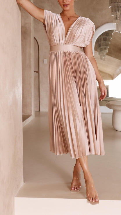 Elegant V-Neck Pleated Midi Dress for Women
