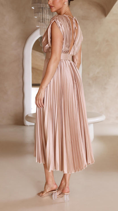 Elegant V-Neck Pleated Midi Dress for Women