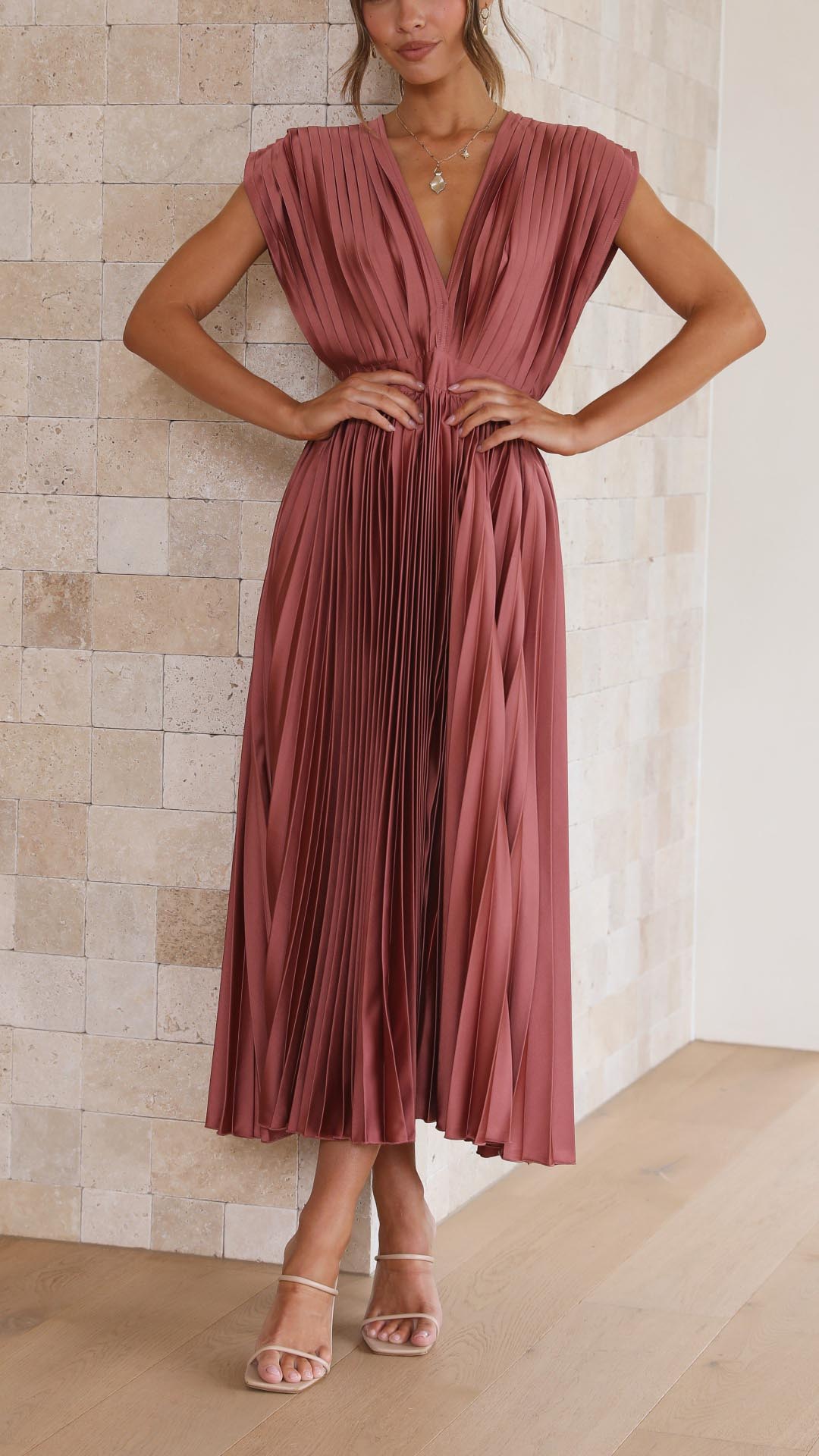 Elegant V-Neck Pleated Midi Dress for Women