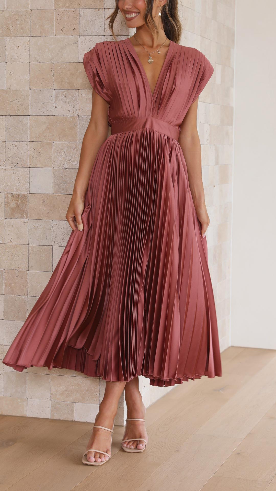 Elegant V-Neck Pleated Midi Dress for Women