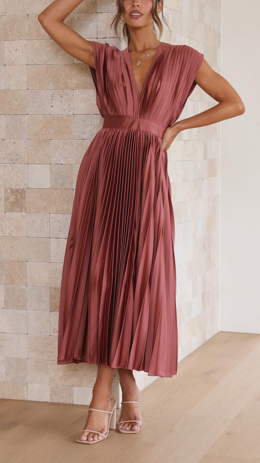 Elegant V-Neck Pleated Midi Dress for Women