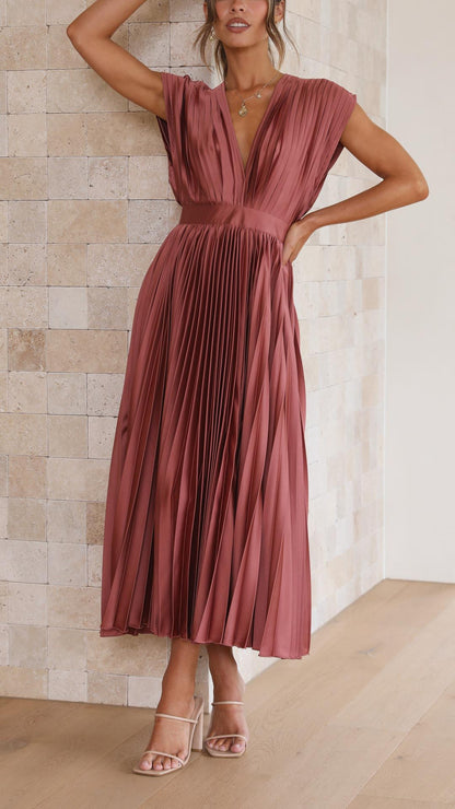Elegant V-Neck Pleated Midi Dress for Women