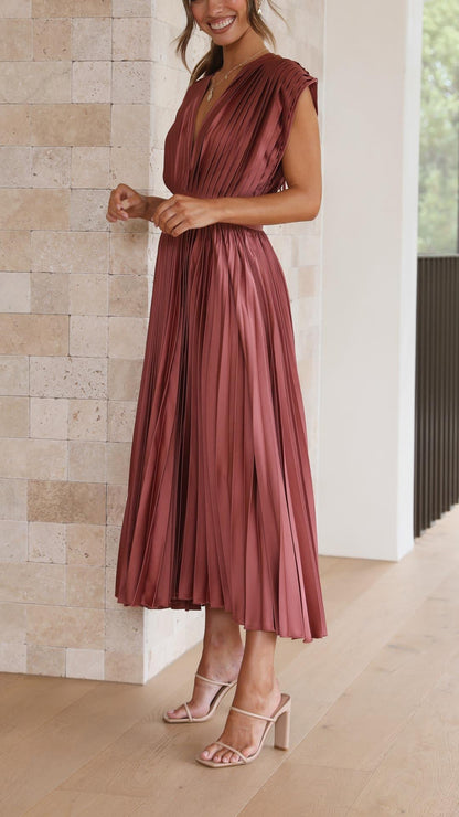 Elegant V-Neck Pleated Midi Dress for Women