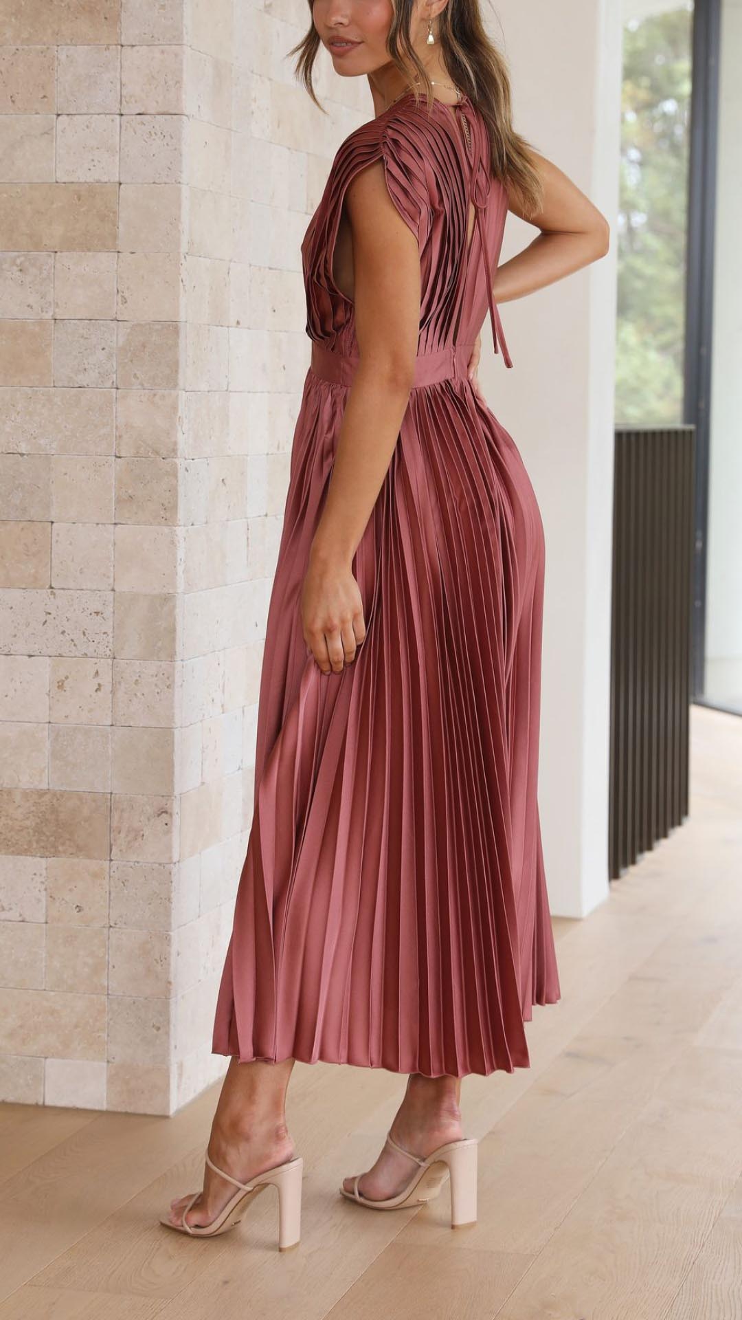 Elegant V-Neck Pleated Midi Dress for Women