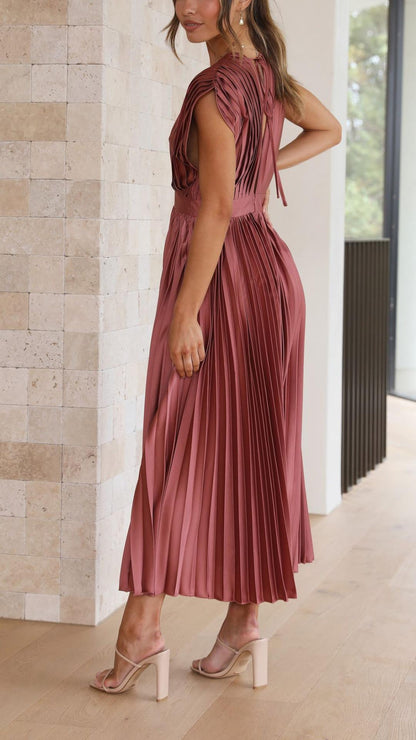 Elegant V-Neck Pleated Midi Dress for Women