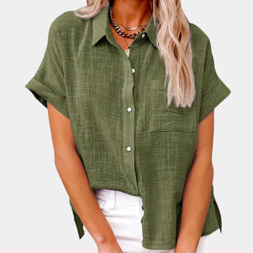 Relaxed Button-Up Short Sleeve Casual Blouse for Women
