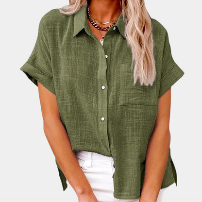 Relaxed Button-Up Short Sleeve Casual Blouse for Women