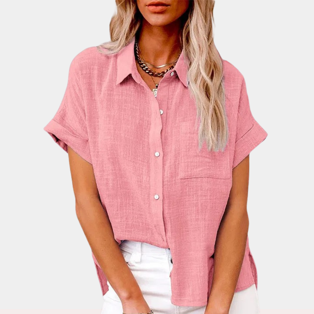 Relaxed Button-Up Short Sleeve Casual Blouse for Women