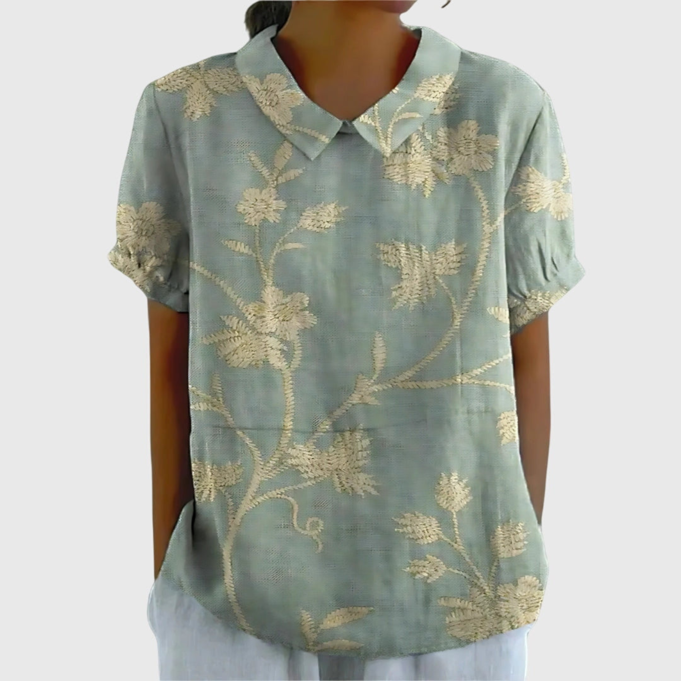 Women's Linen Floral Print Collared Blouse