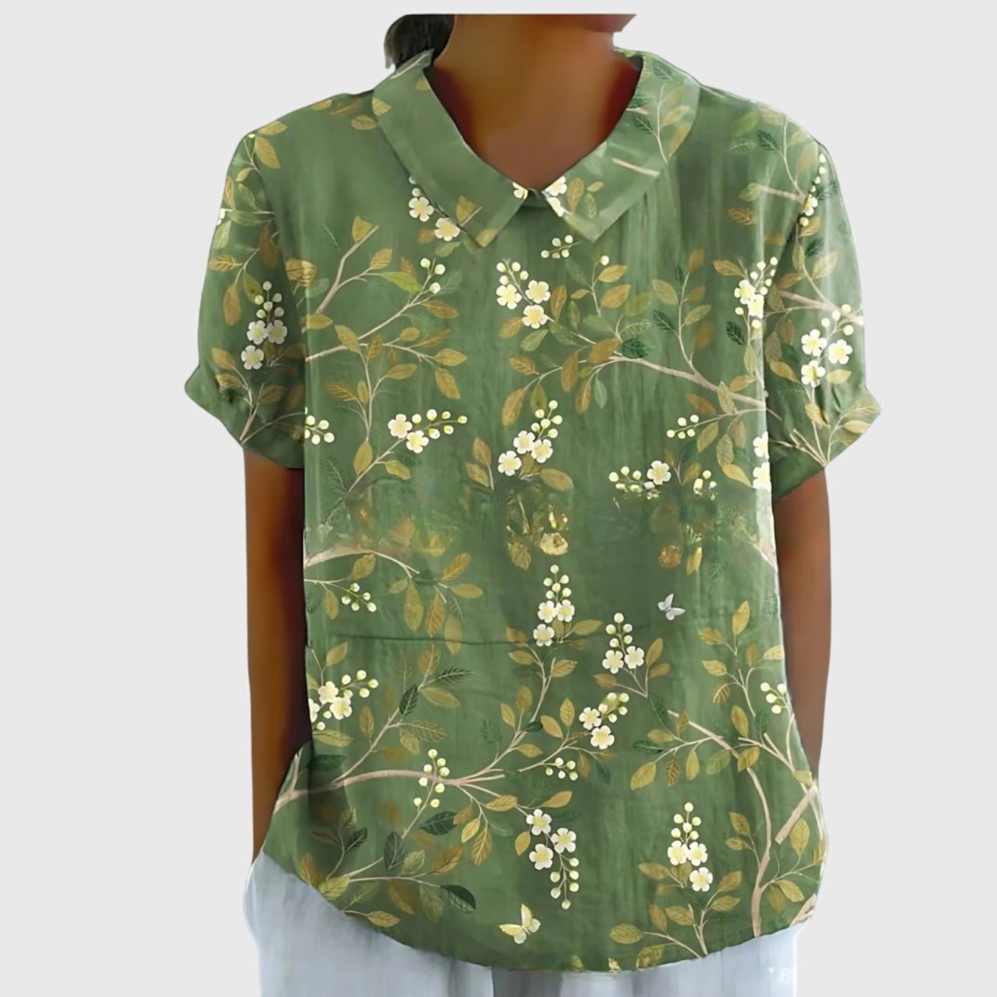 Women's Linen Floral Print Collared Blouse