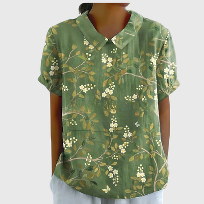 Women's Linen Floral Print Collared Blouse