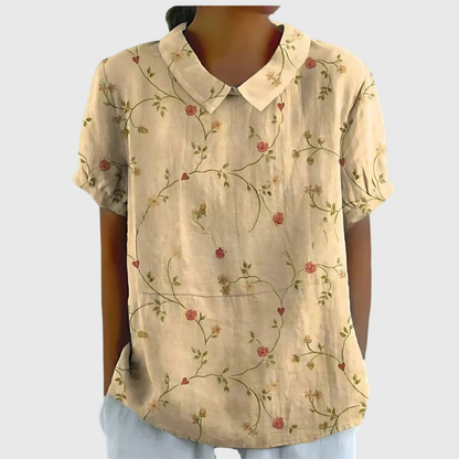 Women's Linen Floral Print Collared Blouse