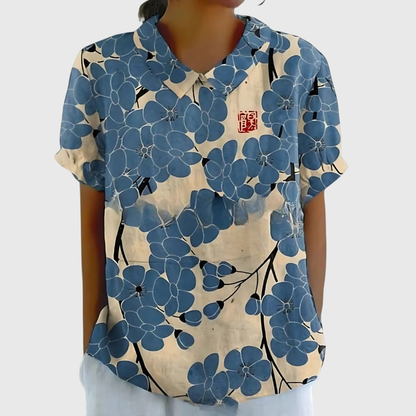 Women's Linen Floral Print Collared Blouse