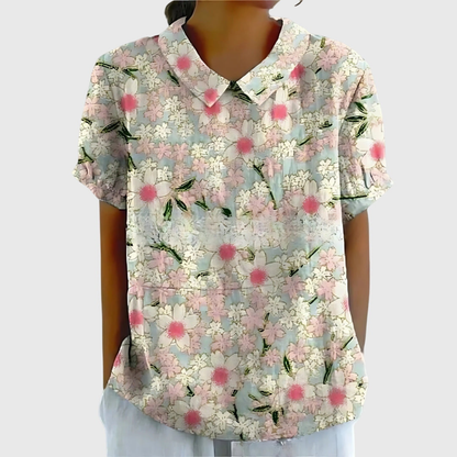 Women's Linen Floral Print Collared Blouse