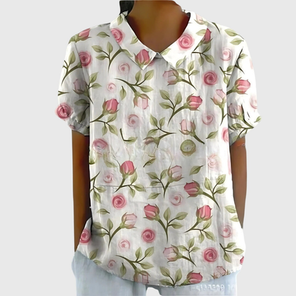Women's Linen Floral Print Collared Blouse
