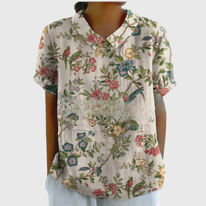 Women's Linen Floral Print Collared Blouse