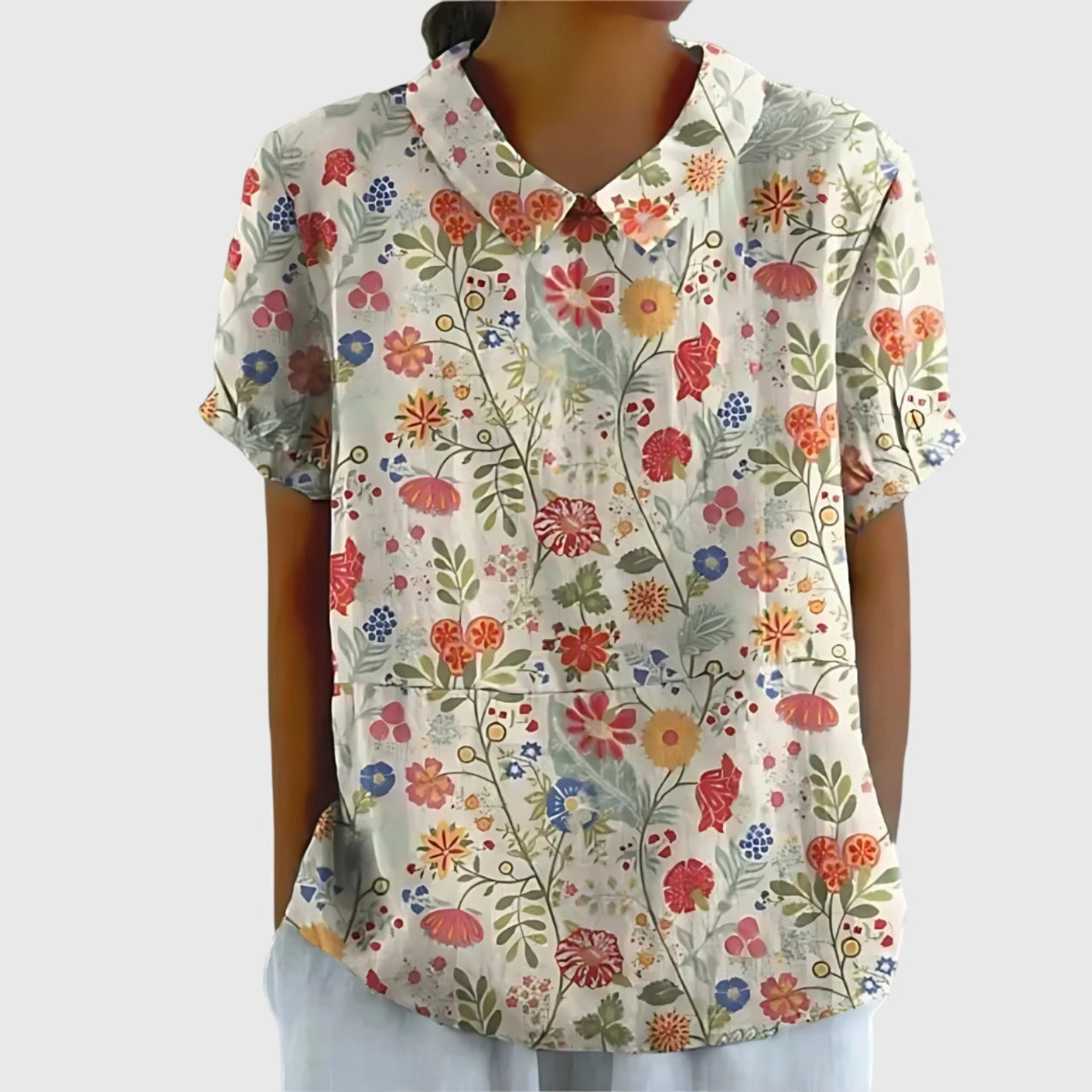 Women's Linen Floral Print Collared Blouse