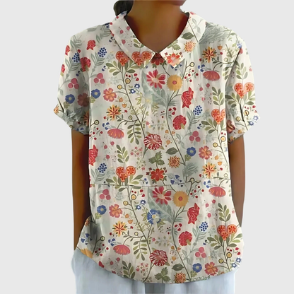 Women's Linen Floral Print Collared Blouse