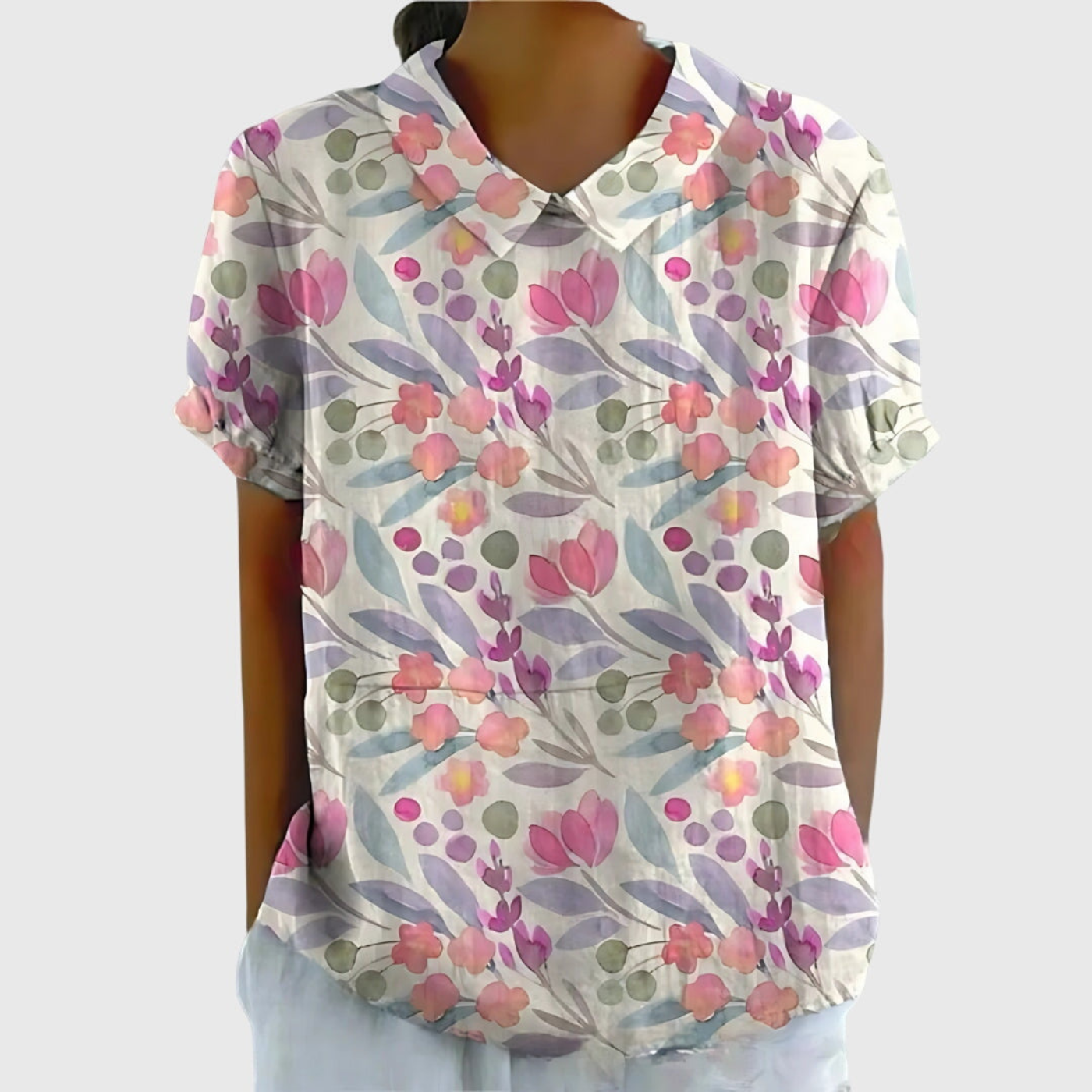 Women's Linen Floral Print Collared Blouse