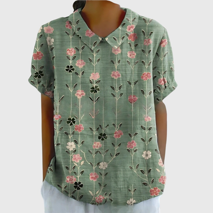 Women's Linen Floral Print Collared Blouse