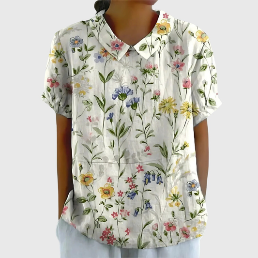 Women's Linen Floral Print Collared Blouse