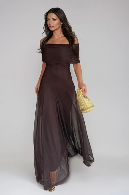 Women's Elegant Off-Shoulder Maxi Dress with Flowing A-Line Silhouette