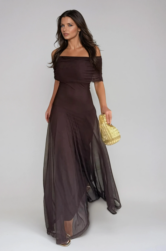Women's Elegant Off-Shoulder Maxi Dress with Flowing A-Line Silhouette