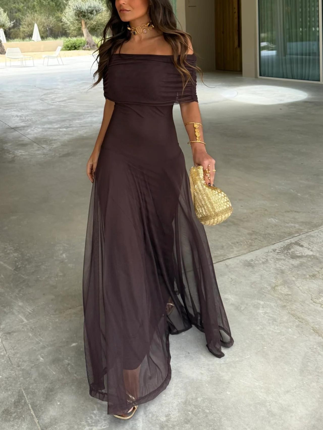 Women's Elegant Off-Shoulder Maxi Dress with Flowing A-Line Silhouette