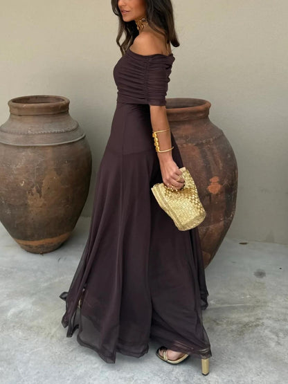 Women's Elegant Off-Shoulder Maxi Dress with Flowing A-Line Silhouette