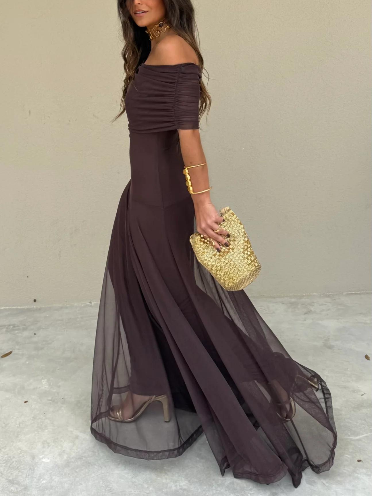 Women's Elegant Off-Shoulder Maxi Dress with Flowing A-Line Silhouette